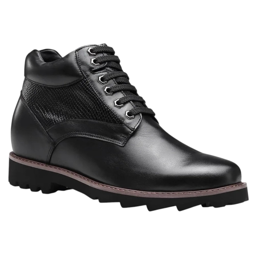 Chamaripa Mens Black Leather Elevator Boots Height Increasing Lug Sole Boot